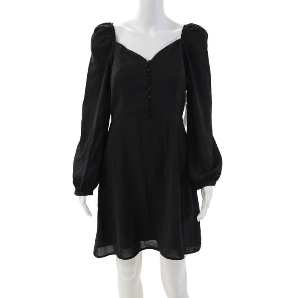 En Creme Womens A-Line Mini Dress Black V-Neck Long Sleeve Button Size M